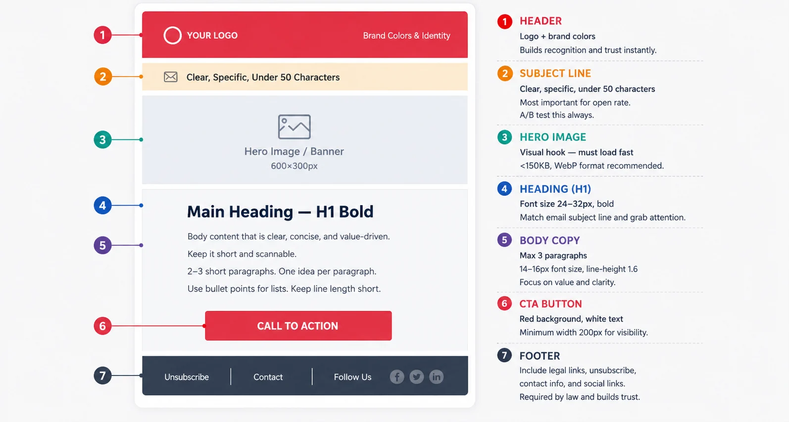Email template anatomy diagram showing all 7 sections