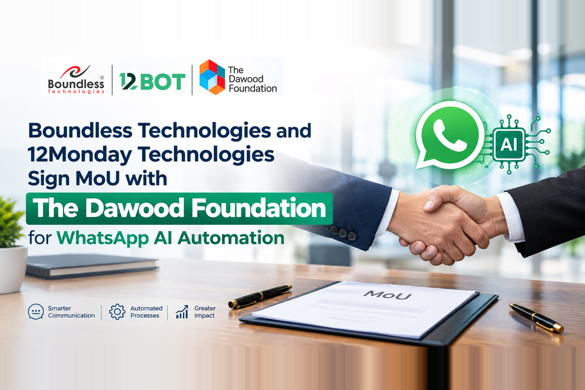 Representatives of Boundless Technologies, 12Monday Technologies, and The Dawood Foundation during the MoU signing ceremony for the implementation of WhatsApp AI Automation through 12BOT.